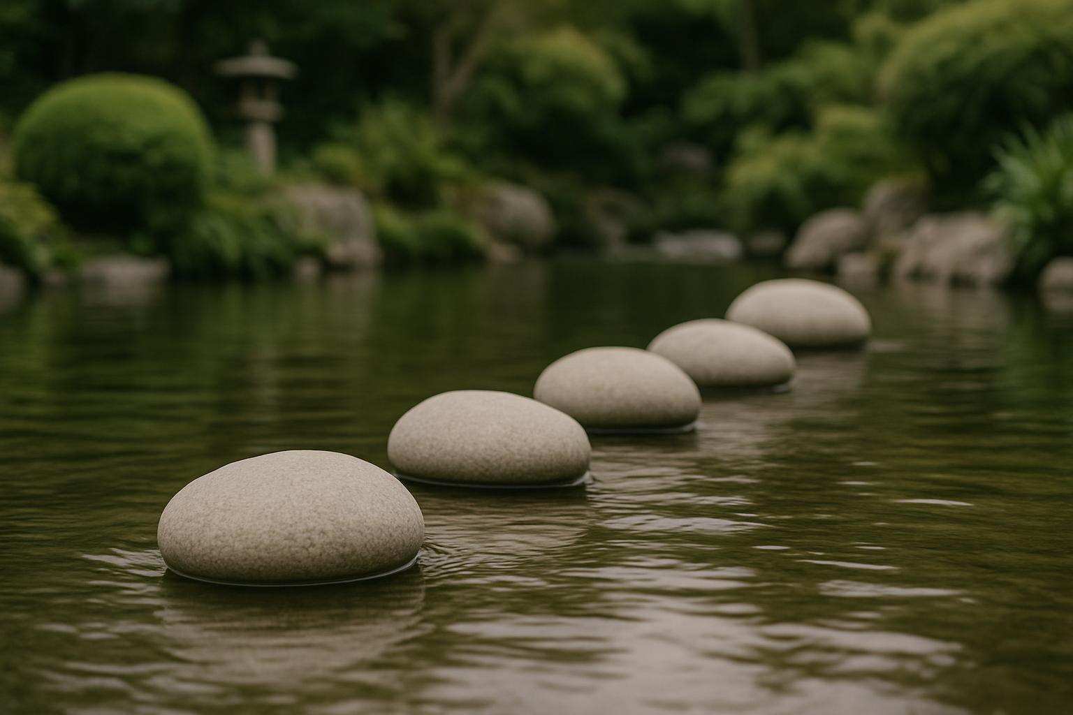 title A scenic pathway of rounded rocks traverses shallow water within a serene garden pond, marked by ripples, situated in the ...